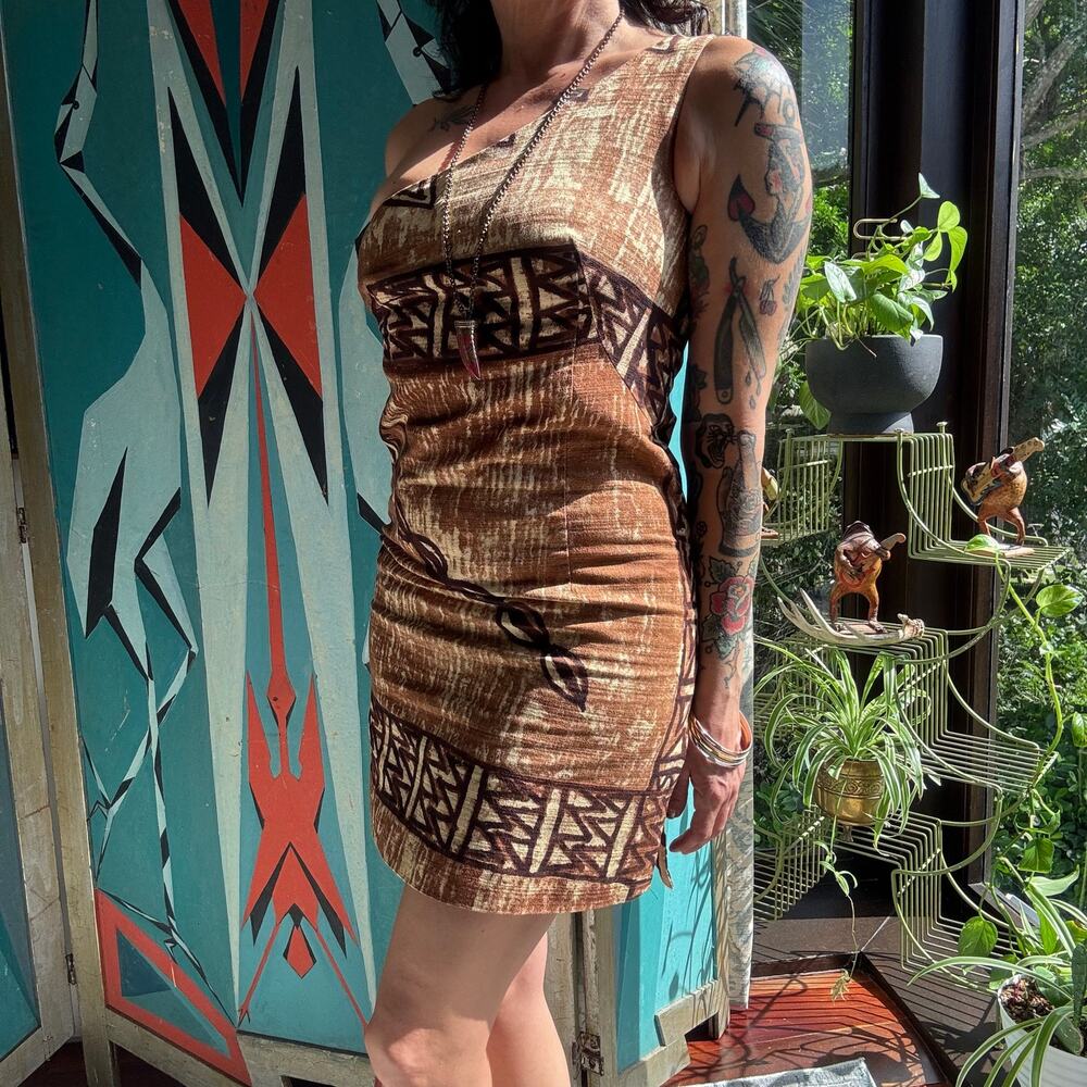 Vintage 1960s Barkcloth Tiki Print Mini Dress Sleeveless Bodycon XS